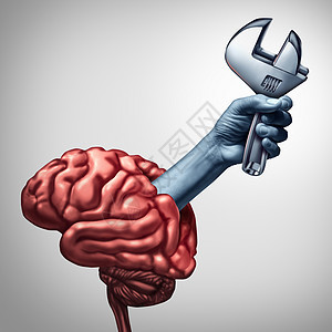 脑修复心理治疗神经外科保健,只手,个人类的思维器官中出现,着扳手心理治疗精神病学心理学的医学符号,带图片