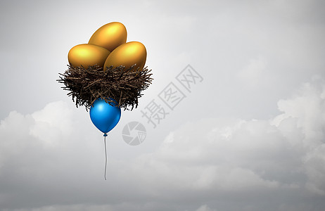 金融投资指导个蓝色气球,以金蛋为银行,投资隐喻退休基金风险收入方向决策与三维插图元素图片