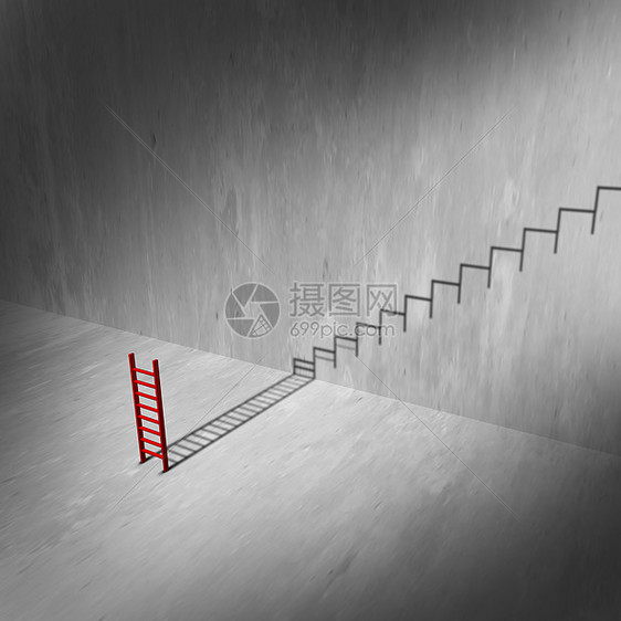 成功的梯子楼梯种攀爬工具,铸造楼梯楼梯的阴影,成功的无限上升,隐喻雄心象征三维插图图片