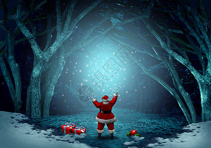 神奇的诞老人背景,个快乐的诞节象征,传播魔法火花冬季森林庆祝与雪与3D插图元素图片