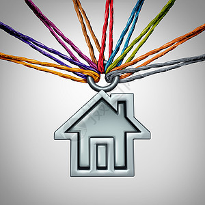社区房屋社区体家庭支持符号套同的绳索,持个带三维插图元素的家庭住宅图标图片