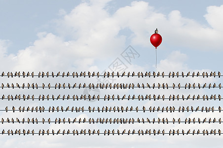 ,认为同的群鸟电线上,向上移动的鸟红色气球上,商业成功的隐喻,Oputsider思维游戏改变符号与3D插图元素图片