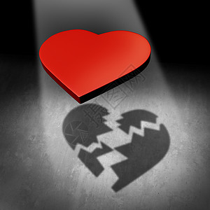 破碎的爱情情人节的关系分手夫妻分离离婚的隐喻个红色的心投下个破碎的阴影三维插图图片