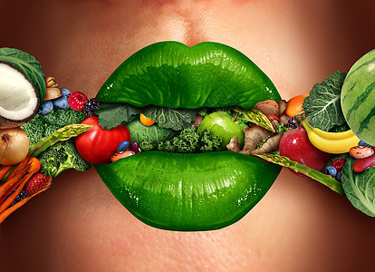 吃健康的,如绿色的人类嘴唇咬入水果蔬菜,营养,良好的饮食健康食品选择三维插图风格图片