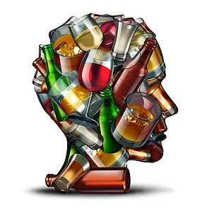 酒香草头酒精心理学酒精中啤酒葡萄酒硬酒杯,人类头部的象征,酒精紊乱成瘾的三维插图背景