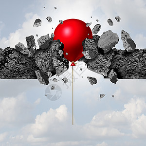 意外的力量成功个红色气球突破水泥墙个商业成就隐喻与三维插图元素背景图片