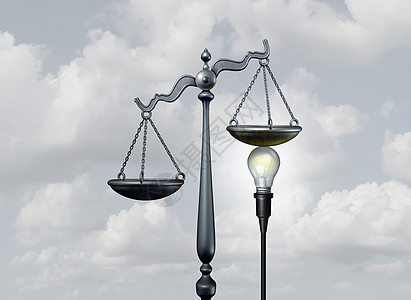 法律思想创造的正义个明亮的灯泡,以判断的规模为律师服务立法隐喻调解仲裁符号三维插图图片