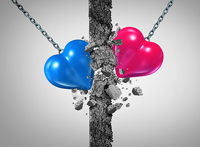 打破关系墙浪漫的夫妇挑战婚姻问题的象征,个蓝色粉红色的心,拆除障碍的被动成功瓦伦廷图标与3D插图元素图片