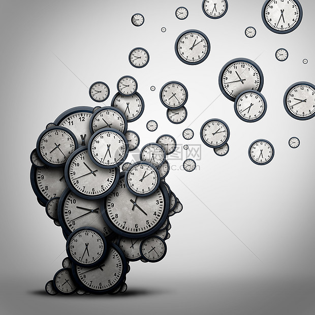计划时间商业浪费分钟计时器时钟,形状为人头,心理调度压力的健康符号,痴呆损失衰老三维插图图片