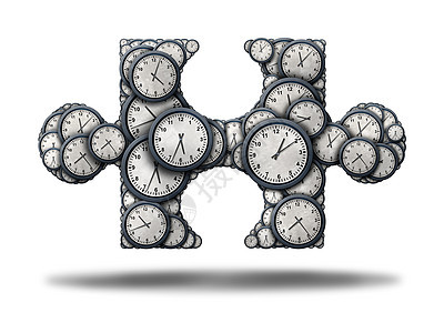 时间拼图时钟象,形状为拼图块,白色背景上的三维插图,时间表拟合装工作时间线解决方案的业务符号图片