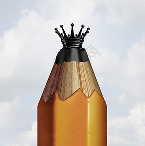 铅笔王理念冠创新领袖符号铅笔形状皇家皇冠商业教育隐喻三维插图图片