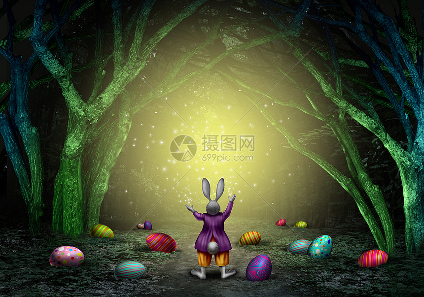 复活节魔术兔子与装饰的鸡蛋火花个迷人的魔法森林 个春季假日符号与3d插图元素高清图片下载 正版图片 摄图网 复活节魔术兔子与装饰的鸡蛋火花个迷人的魔法森林 个春季假日符号与3d插图元素高清图片下载 正版图片 摄图网
