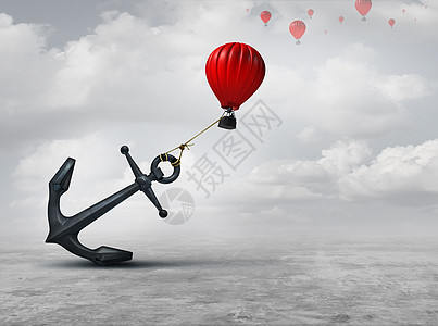 抑制隐喻个大锚,持压迫气球限制运动抑制商业隐喻,渴望成功的三维插图元素背景图片