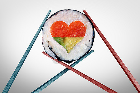 晚餐为两个餐饮浪漫的约会,筷子,着个寿司片与个爱的心形与三维插图元素图片