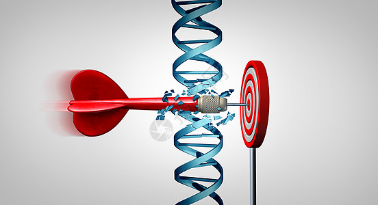 基因突破医学基因治疗的发现,个飞镖击中目标,打破双螺旋代表基因三维插图背景图片