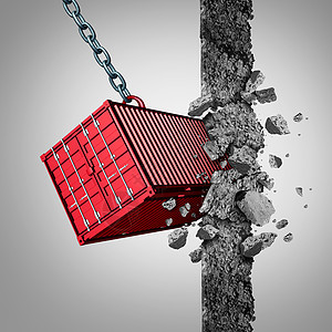 贸易壁垒打破经济制裁打开新的进出口市场个货运集装箱打破障碍墙与三维插图元素图片