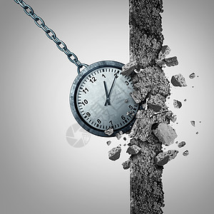 时限截止日期时间表个时钟形状为个破坏球,破坏打破水泥墙障碍个业务调度管理隐喻与三维插图元素图片