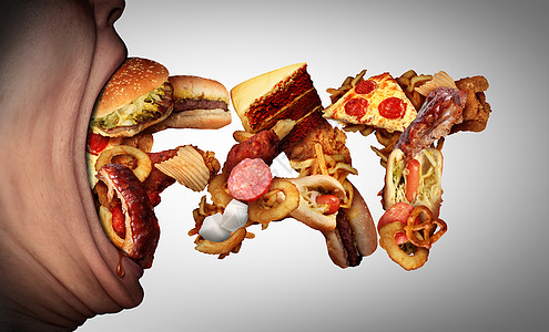 吃脂肪食物的张嘴咬健康的零食,形状为文字,个良的营养肥胖的象征,渴望高热量的脂肪餐图片