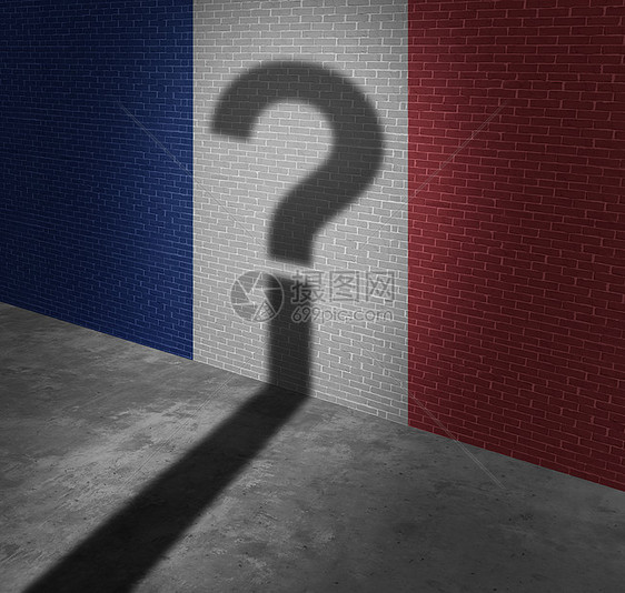 法国法国的投票选举问题的确定,如红色的白色蓝色的,涂墙上,问号的阴影,欧洲与三维插图元素混淆的政治隐喻图片