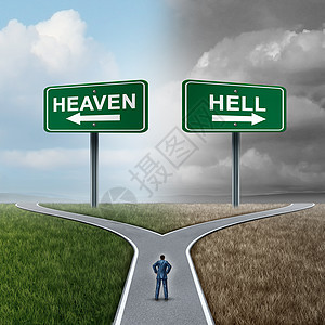 天堂地狱交叉生活选择个人站岔路口与天堂黑暗与三维插图元素图片
