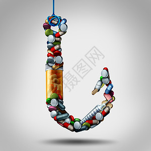 的药物成瘾的药物,个钩子,由药丸成瘾药物医疗健康的象征,被处方药被困的危险三维插图图片