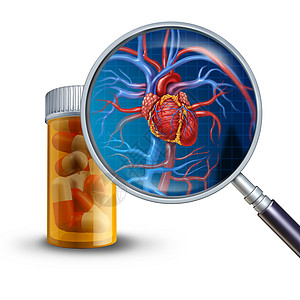 心脏医学心脏药物的个放大镜上的处方药瓶,个人的心脏与静脉动脉与三维插图元素图片