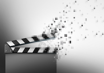 流媒体视频种移动数字媒体传播,像素化的电影拍手器,将内容通信技术符号三维插图图片