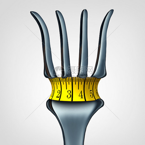 叉子上测量磁带,代表饮食带收紧符号,卡路里摄入量的减少健康生活方式的图标,三维插图图片