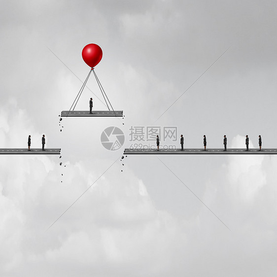 促销个商人条路上被气球吊来,其他人留下个商业隐喻与3D插图元素图片