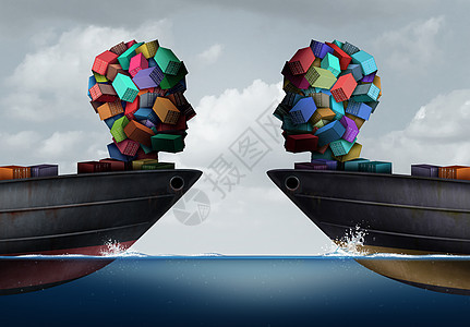 物流伙伴关系商业出口协议的两艘运输货船,货物形状为人头会议,航运运输合作的象征,三维插图元素图片