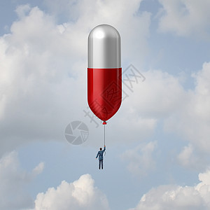 制药药物制药工业生物技术治疗的想法,个病人科学家漂浮高处,个巨大的药丸气球个医学发现研究符号与三维图片