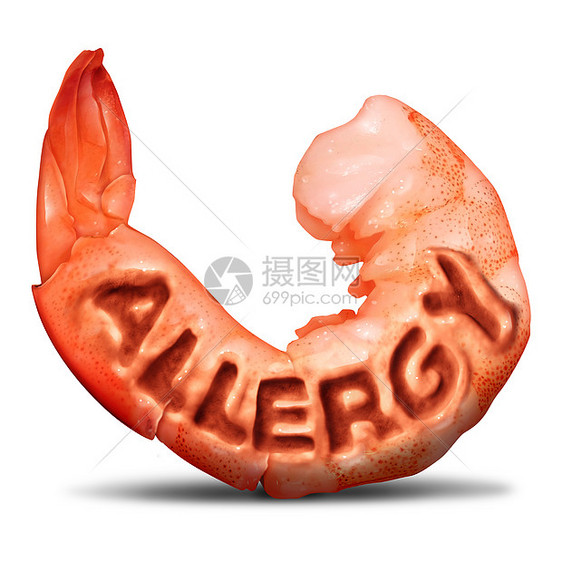 虾贝类过敏的健康甲壳类动物符号过敏的文字浮雕食物的白色背景与3D插图元素图片