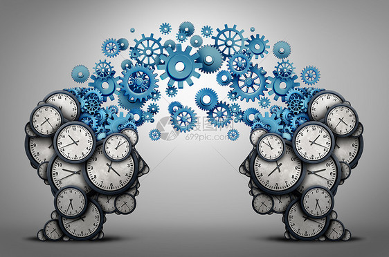 商业时间规划伙伴关系,两个人的头部,由时钟齿轮齿轮物体连接,会议时间表符号三维插图图片