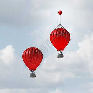 优势竞争优势的,因为两个热气球比赛顶部,但个领导者与个小气球附加,给获胜的竞争手个额外的推动,以赢得竞争与3D插图片