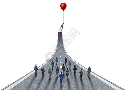 管理商业成功野心管理队经理的象征,个商人举条道路与气球领导隐喻与三维插图元素白色背景图片