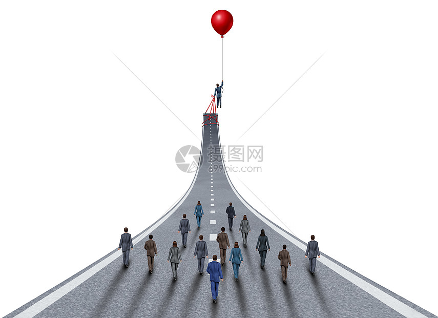 管理商业成功野心管理队经理的象征,个商人举条道路与气球领导隐喻与三维插图元素白色图片