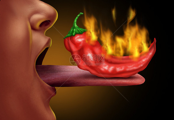 吃辛辣的食物饮食热红辣椒个开放的嘴与火焰燃烧香料辣椒素的健康益成分三维插图风格图片