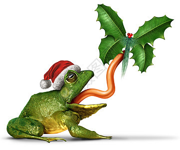 诞青蛙带着诞老人的帽子,捕捉片冬青叶,形状像蝴蝶,白色背景上3D插图元素图片