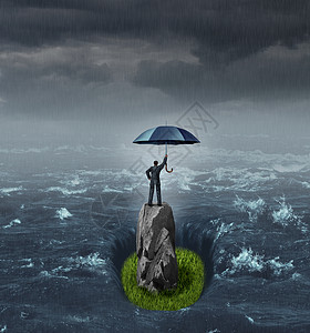 商人成功的思维个人着雨伞洪水海洋中站块干燥的岩石上,草地,3D渲染元素图片