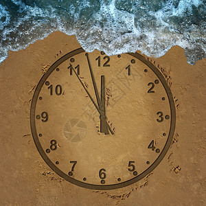 时间损失时间表管理,生活方式,压力,最后期限管理的家庭财务日期,个时钟画沙子上,被波浪冲走的三维插图风格图片
