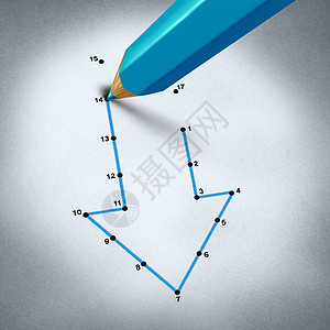 失败策略商业衰退挑战支铅笔连接这些点,以揭示个下降箭头经济危机的金融隐喻三维渲染图片