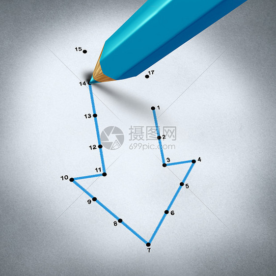 失败策略商业衰退挑战支铅笔连接这些点,以揭示个下降箭头经济危机的金融隐喻三维渲染图片