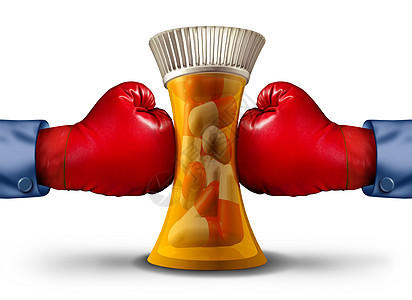 药物压力隐形保险压力的,如拳击手套挤压处方药瓶维生素容器与三维渲染元素图片