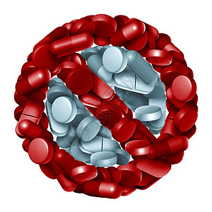 处方药禁止停止药物符号停止符号制成的药丸片剂胶囊药物禁止三维渲染背景图片