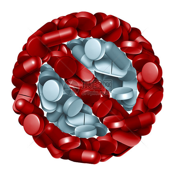 处方药禁止停止药物符号停止符号制成的药丸片剂胶囊药物禁止三维渲染图片
