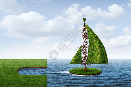 探索机会商业风险,棵树,形状为艘船,个隐喻,以3D渲染元素出发走向成功图片