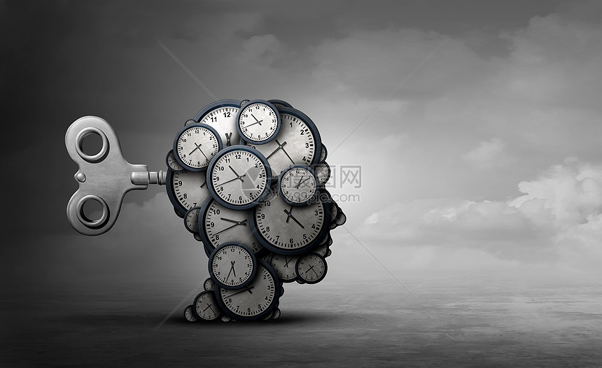 时间来计划采取行动的业务,时钟形状为个人头与个缠绕键与3D渲染元素图片