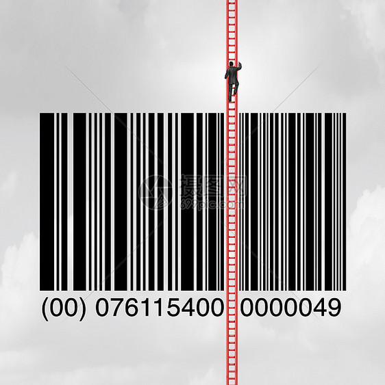 零售销售解决方案消费者裁剪执行爬上梯子上的UPC代码条形码商业与3D插图元素的符号图片