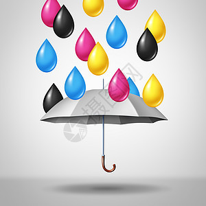 CMYK的颜色,如洋红,青色,黄色黑色,如滴白色伞上与三维插图元素背景图片