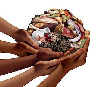 堆肥社区合作堆肥符号,同的手着堆腐烂的食物堆肥废料,以3D插图风格图片